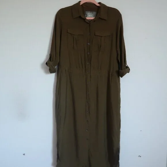 Anthropologie Maeve Olive Army Green Midi Drawstring Shirt Dress Size 4 Small - Picture 2 of 14